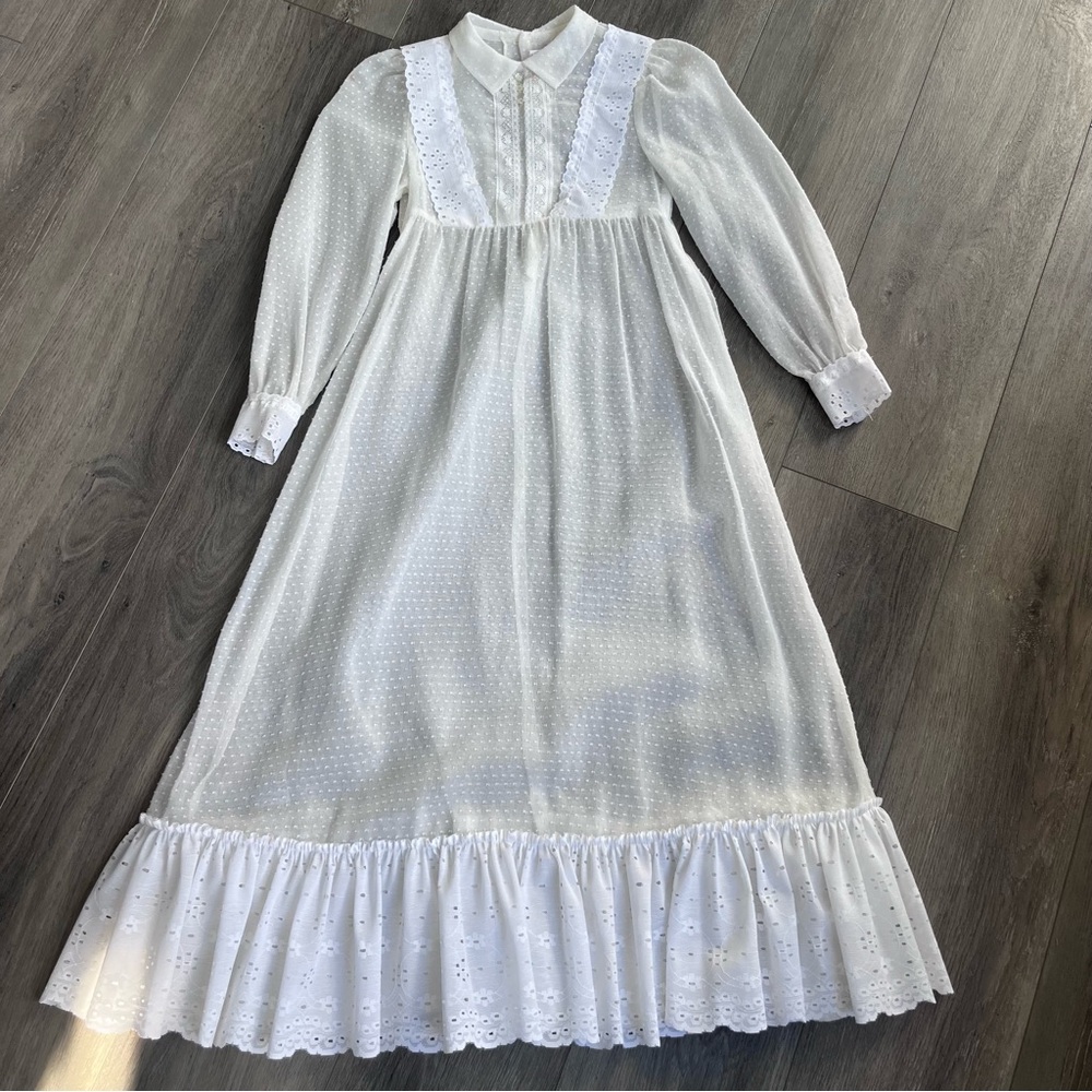 Vintage Ruth Of Carolina Children's Dress Ivory Sheer Swiss Dot Lace 6X Maxi